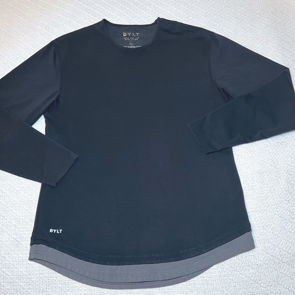 BYLT Basics Mens Drop Cut Long Sleeve Dual Layer Shirt Black Grey Size Large